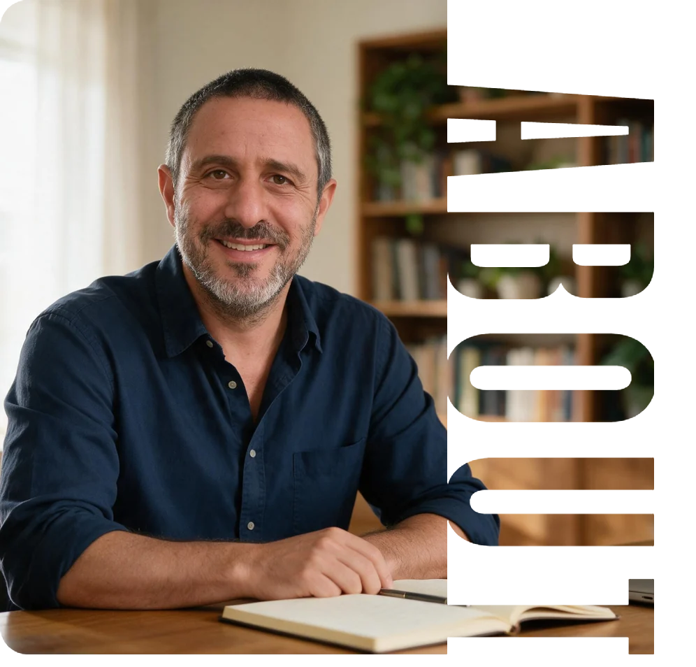 אריה יוריש יושב ליד שולחן עבודה עם מחברת פתוחה